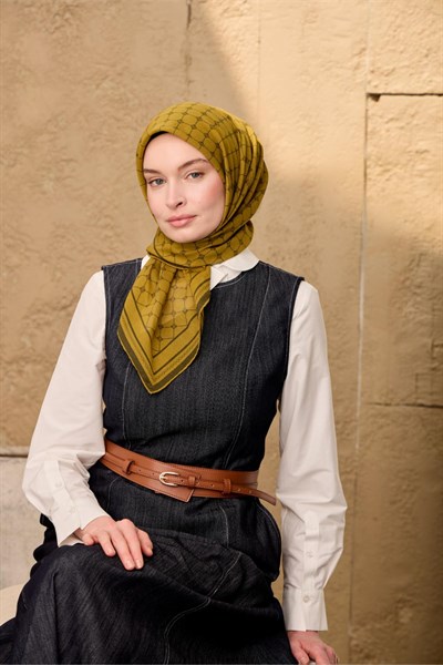 Pamuk-Flos Eşarp Koyu Yeşil-Olive Desenli Tok Duruşlu 90x90