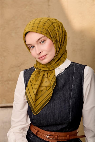 Pamuk-Flos Eşarp Koyu Yeşil-Olive Desenli Tok Duruşlu 90x90