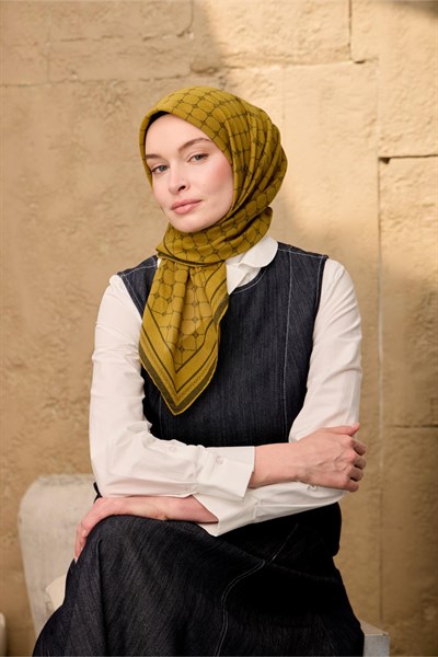 Pamuk-Flos Eşarp Koyu Yeşil-Olive Desenli Tok Duruşlu 90x90