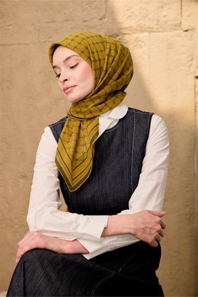 Pamuk-Flos Eşarp Koyu Yeşil-Olive Desenli Tok Duruşlu 90x90