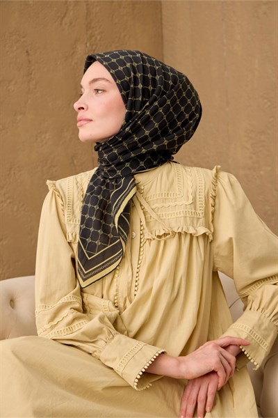 Pamuk-Flos Eşarp Soluk Siyah-Butter Yellow Desenli Tok Duruşlu 90x90