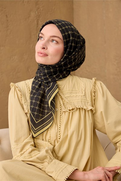 Pamuk-Flos Eşarp Soluk Siyah-Butter Yellow Desenli Tok Duruşlu 90x90