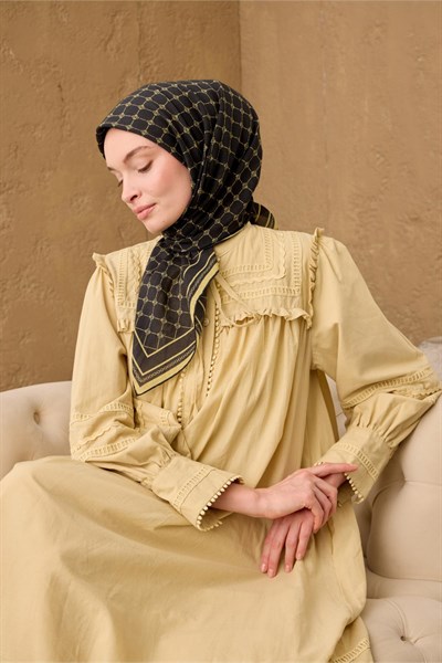 Pamuk-Flos Eşarp Soluk Siyah-Butter Yellow Desenli Tok Duruşlu 90x90