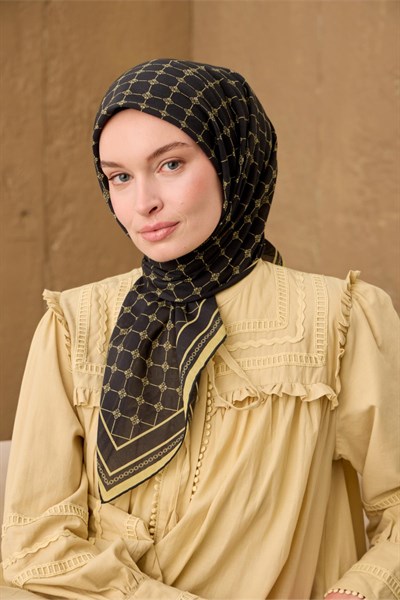 Pamuk-Flos Eşarp Soluk Siyah-Butter Yellow Desenli Tok Duruşlu 90x90