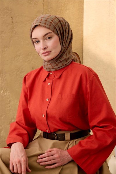 Pamuk-Flos Eşarp Yeşil-Fuşya-Kiremit Pudra Desenli Tok Duruşlu 90x90