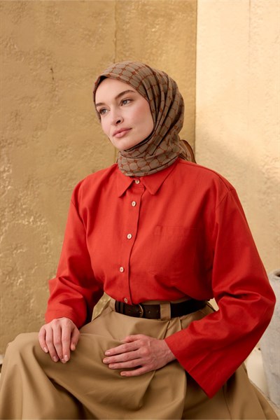Pamuk-Flos Eşarp Yeşil-Fuşya-Kiremit Pudra Desenli Tok Duruşlu 90x90