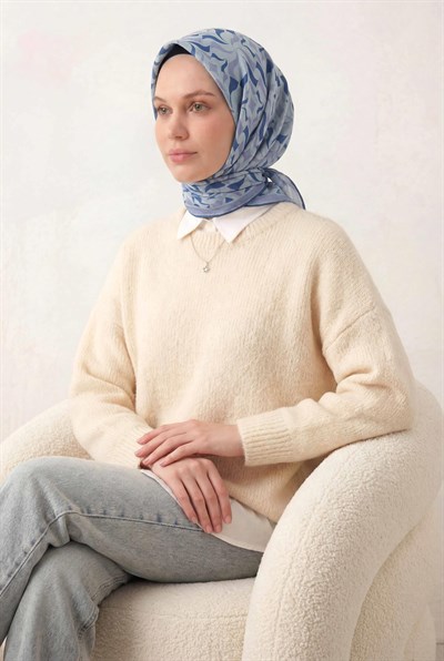 Pamuk Karışımlı Eşarp Açık Mavi Geometrik Dalga Desen Soft Dokulu Kaymaz 90X90