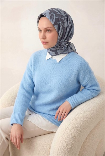 Pamuk Karışımlı Eşarp Bebe Mavi Modern Flora Desen Soft Dokulu Kaymaz 90X90