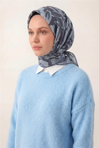 Pamuk Karışımlı Eşarp Bebe Mavi Modern Flora Desen Soft Dokulu Kaymaz 90X90