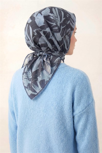 Pamuk Karışımlı Eşarp Bebe Mavi Modern Flora Desen Soft Dokulu Kaymaz 90X90