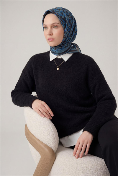 Pamuk Karışımlı Eşarp Bebe Mavi Retro Geometrik Desenli Soft Dokulu Kaymaz 90x90
