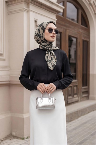 Pamuk Karışımlı Eşarp Çiçekli Desen Krem Yeşil 90x90