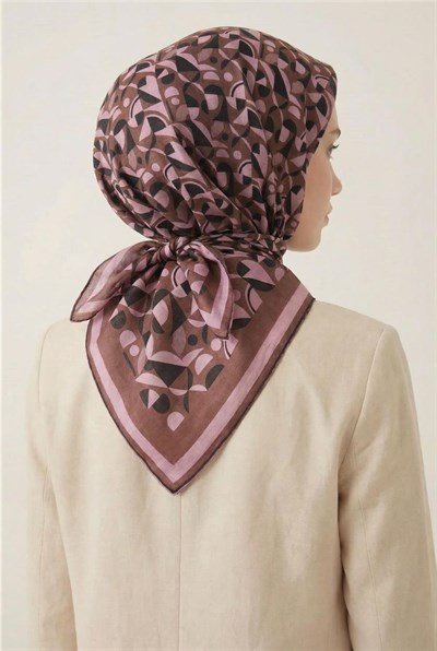 Pamuk Karışımlı Eşarp Çikolata Kahve Retro Geometrik Desenli Soft Dokulu Kaymaz 90x90