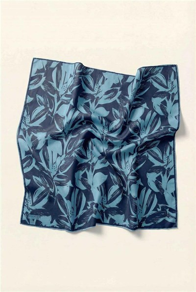 Pamuk Karışımlı Eşarp Gök Mavi Modern Flora Desen Soft Dokulu Kaymaz 90X90