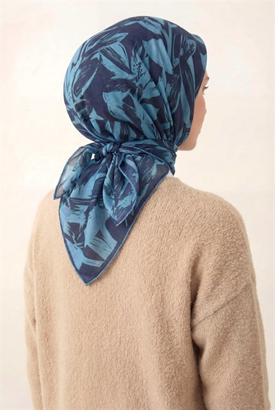 Pamuk Karışımlı Eşarp Gök Mavi Modern Flora Desen Soft Dokulu Kaymaz 90X90