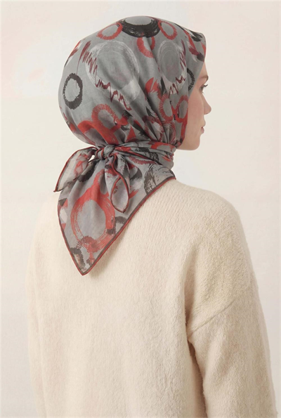 Pamuk Karışımlı Eşarp Gri Soyut Geometrik Desenli Soft Dokulu Kaymaz 90x90