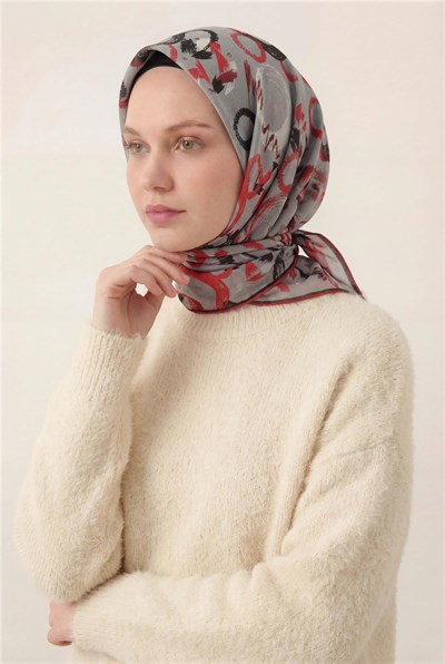 Pamuk Karışımlı Eşarp Gri Soyut Geometrik Desenli Soft Dokulu Kaymaz 90x90