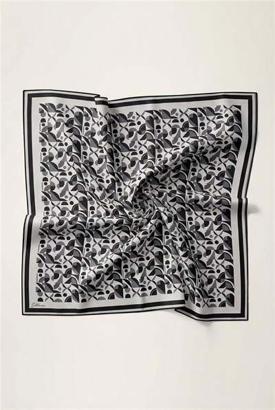 Pamuk Karışımlı Eşarp Gümüş Retro Geometrik Desenli Soft Dokulu Kaymaz 90x90
