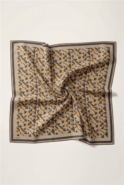 Pamuk Karışımlı Eşarp Haki Retro Geometrik Desenli Soft Dokulu Kaymaz 90x90