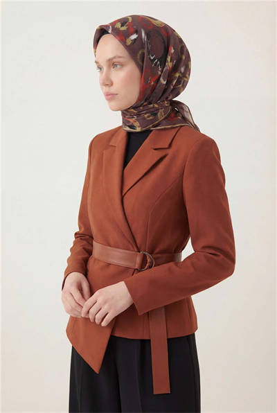 Pamuk Karışımlı Eşarp Kahverengi Soyut Geometrik Desenli Soft Dokulu Kaymaz 90x90