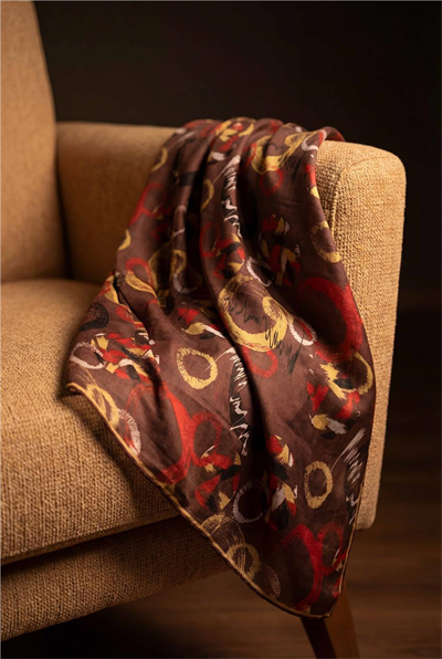 Pamuk Karışımlı Eşarp Kahverengi Soyut Geometrik Desenli Soft Dokulu Kaymaz 90x90