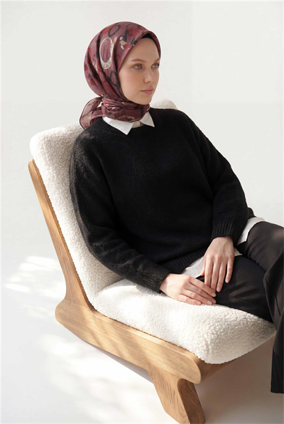 Pamuk Karışımlı Eşarp Kiremit Rengi Soyut Geometrik Desenli Soft Dokulu Kaymaz 90x90