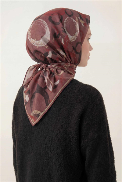 Pamuk Karışımlı Eşarp Kiremit Rengi Soyut Geometrik Desenli Soft Dokulu Kaymaz 90x90