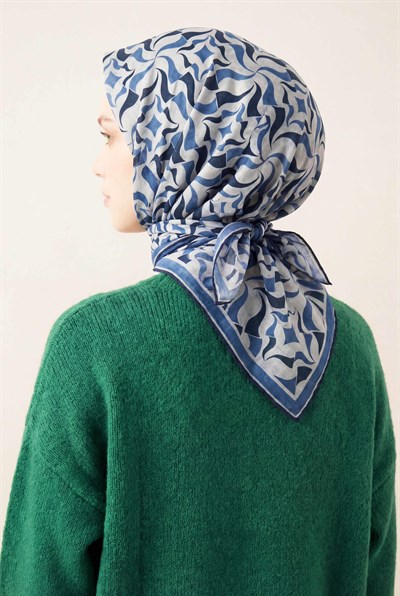Pamuk Karışımlı Eşarp Kırık Beyaz Geometrik Dalga Desen Soft Dokulu Kaymaz 90X90