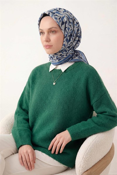 Pamuk Karışımlı Eşarp Kırık Beyaz Geometrik Dalga Desen Soft Dokulu Kaymaz 90X90