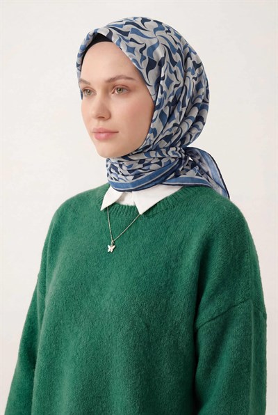 Pamuk Karışımlı Eşarp Kırık Beyaz Geometrik Dalga Desen Soft Dokulu Kaymaz 90X90