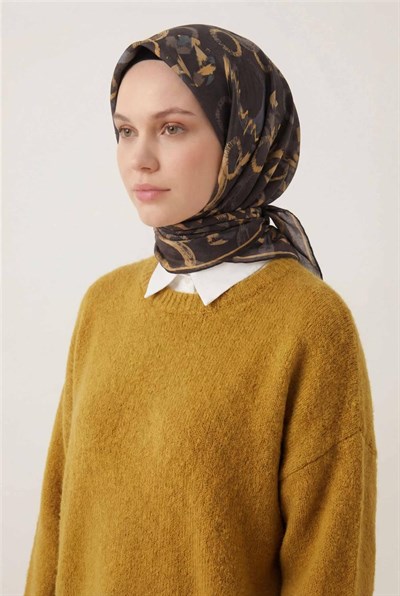 Pamuk Karışımlı Eşarp Koyu Siyah Soyut Geometrik Desenli Soft Dokulu Kaymaz 90x90