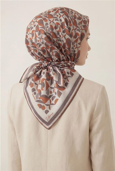 Pamuk Karışımlı Eşarp Krem Retro Geometrik Desenli Soft Dokulu Kaymaz 90x90