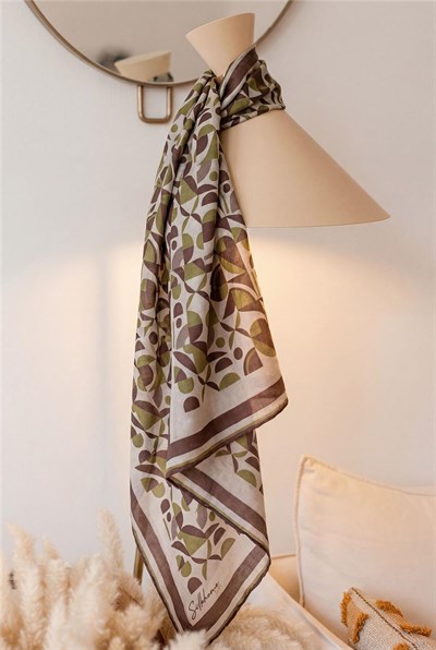 Pamuk Karışımlı Eşarp Küf Yeşili Retro Geometrik Desenli Soft Dokulu Kaymaz 90x90