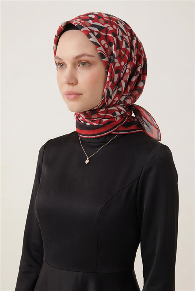Pamuk Karışımlı Eşarp Mercan Retro Geometrik Desenli Soft Dokulu Kaymaz 90x90