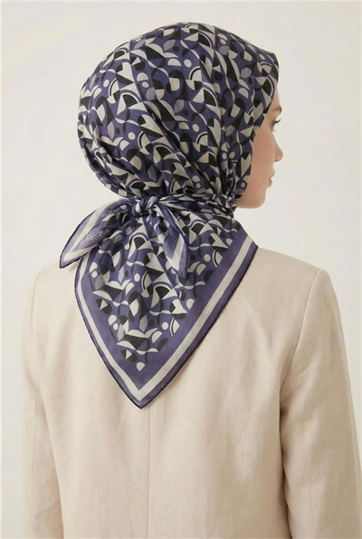 Pamuk Karışımlı Eşarp Mor Retro Geometrik Desenli Soft Dokulu Kaymaz 90x90