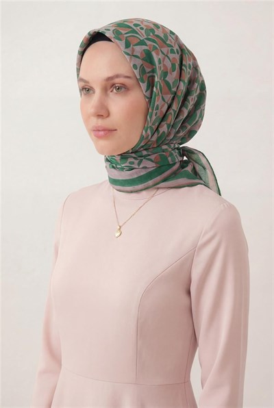 Pamuk Karışımlı Eşarp Pudra Retro Geometrik Desenli Soft Dokulu Kaymaz 90x90
