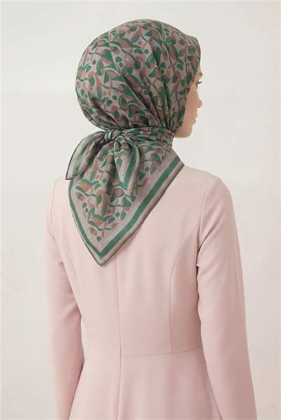 Pamuk Karışımlı Eşarp Pudra Retro Geometrik Desenli Soft Dokulu Kaymaz 90x90