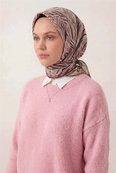 Pamuk Karışımlı Eşarp Pudra Zebra Desen Soft Dokulu Kaymaz 90X90