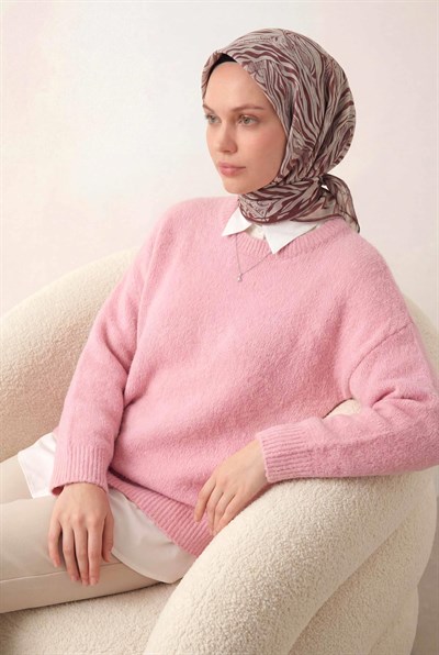 Pamuk Karışımlı Eşarp Pudra Zebra Desen Soft Dokulu Kaymaz 90X90