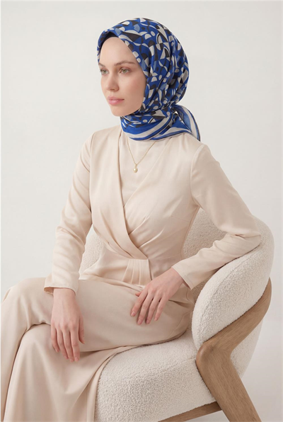 Pamuk Karışımlı Eşarp Saks Retro Geometrik Desenli Soft Dokulu Kaymaz 90x90