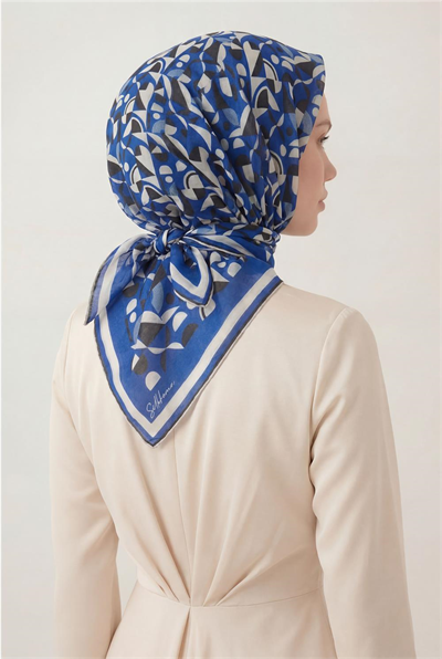 Pamuk Karışımlı Eşarp Saks Retro Geometrik Desenli Soft Dokulu Kaymaz 90x90