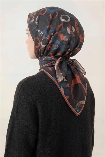 Pamuk Karışımlı Eşarp Siyah Soyut Geometrik Desenli Soft Dokulu Kaymaz 90x90