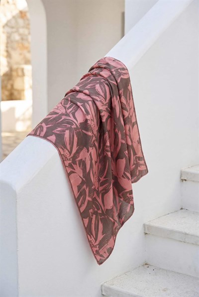 Pamuk Karışımlı Eşarp Somon Modern Flora Desen Soft Dokulu Kaymaz 90X90