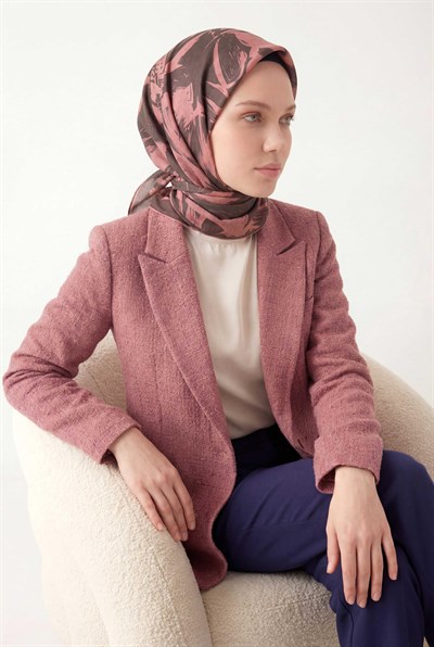 Pamuk Karışımlı Eşarp Somon Modern Flora Desen Soft Dokulu Kaymaz 90X90