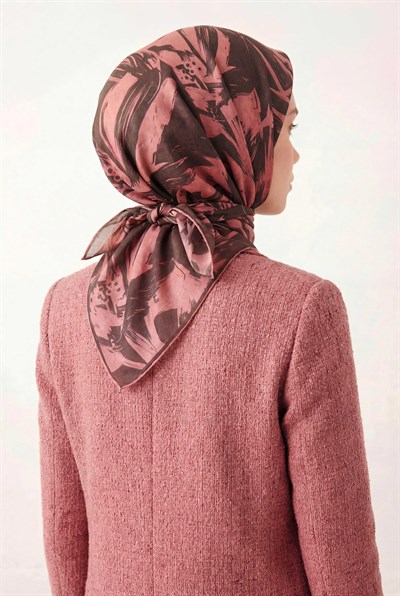 Pamuk Karışımlı Eşarp Somon Modern Flora Desen Soft Dokulu Kaymaz 90X90
