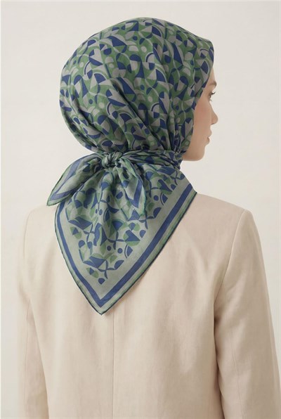 Pamuk Karışımlı Eşarp Su Yeşili Retro Geometrik Desenli Soft Dokulu Kaymaz 90x90