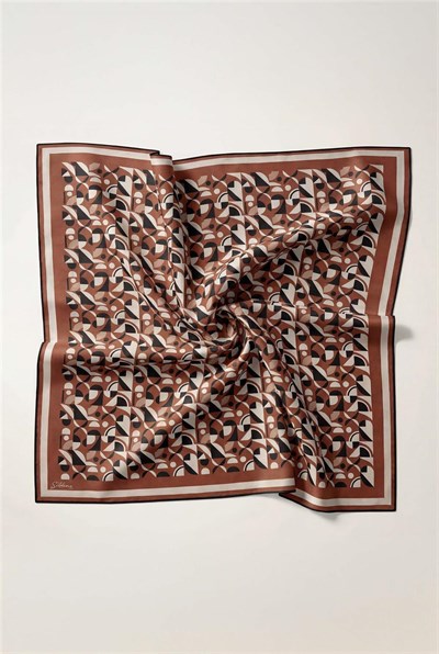 Pamuk Karışımlı Eşarp Taba Retro Geometrik Desenli Soft Dokulu Kaymaz 90x90