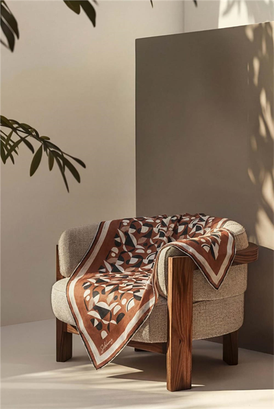 Pamuk Karışımlı Eşarp Taba Retro Geometrik Desenli Soft Dokulu Kaymaz 90x90
