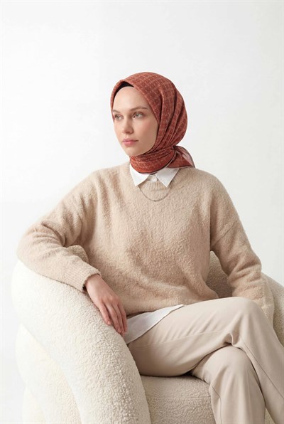 Pamuk Karışımlı Eşarp Turuncu Monogram Desen Soft Dokulu Kaymaz 90X90