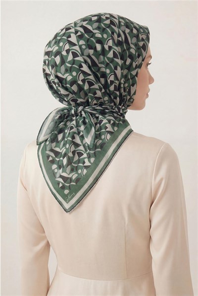 Pamuk Karışımlı Eşarp Yeşil Retro Geometrik Desenli Soft Dokulu Kaymaz 90x90